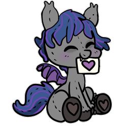 Size: 1500x1500 | Tagged: safe, artist:anykoe, oc, oc:shadow bite, bat pony, bat pony oc, blushing, commission, cute, eyes closed, fangs, heart, male, plushie, sign, simple background, sitting, solo, spread wings, transparent background, wings, ych result, your character here