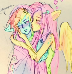 Size: 2214x2263 | Tagged: safe, artist:ieatedyuripizza, fluttershy, rainbow dash, human, g4, duo, duo female, eared humanization, female, hug, humanized, kissing, lesbian, ship:flutterdash, shipping, winged humanization, wings