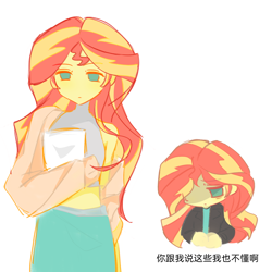 Size: 2480x2480 | Tagged: safe, artist:lue4245889, sunset shimmer, human, equestria girls, g4, chinese, clothes, humanized, jacket, skirt, solo, text