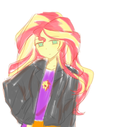 Size: 2480x2480 | Tagged: safe, artist:lue4245889, sunset shimmer, human, equestria girls, g4, clothes, expressionless face, green eyes, humanized, jacket, shirt, simple background, solo, two toned hair, upper body, white background, yellow skin