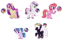 Size: 1482x978 | Tagged: safe, artist:cat-of-all-trades, apple bloom, little red, pipsqueak, princess flurry heart, scootaloo, sweetie belle, twilight sparkle, oc, oc only, earth pony, pegasus, pony, unicorn, g4, base used, bow, colored hooves, colored pupils, colored wings, female, filly, foal, glasses, goggles, gradient mane, gradient wings, hair bow, hooves, horn, magical lesbian spawn, mare, markings, missing cutie mark, ms paint, no cutie marks because im lazy, offspring, paint tool sai, paint tool sai 2, parent:apple bloom, parent:pipsqueak, parent:sweetie belle, parent:twilight sparkle, parents:flurrylight, parents:piplight, parents:scootatwi, parents:twibelle, parents:twibloom, ponytail, product of incest, simple background, star markings, transparent background, twilight is a foal fiddler, watermark, wings