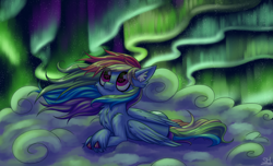 Size: 4100x2500 | Tagged: safe, artist:sunamoonmlp, rainbow dash, pegasus, pony, g4, aurora borealis, cheek fluff, chest fluff, cloud, cute, ear fluff, eye clipping through hair, female, lying down, lying on a cloud, mare, night, on a cloud, outdoors, sky, smiling, solo, stars, wings