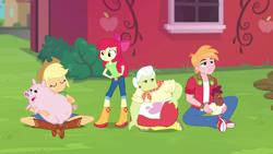 Size: 1920x1080 | Tagged: safe, artist:gaelgaming1, edit, edited screencap, screencap, apple bloom, applejack, big macintosh, granny smith, bird, human, pig, equestria girls, g4, my little pony equestria girls: better together, boots, clothes, converse, outdoors, rooster, scene interpretation, shoes, sitting, sweet apple acres