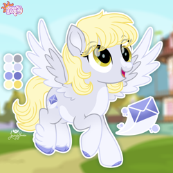 Size: 2000x2000 | Tagged: safe, artist:lovinglypromise, derpy hooves, pegasus, pony, g4, alternate cutie mark, alternate design, alternate universe, base used, cloven hooves, coat markings, color palette, colored hooves, colored wings, colored wingtips, cute, derpabetes, eye clipping through hair, eyebrows, eyebrows visible through hair, facial markings, female, fetlock tuft, flying, gradient legs, gradient wings, hooves, mare, new dawn of harmony, open mouth, open smile, outdoors, pale belly, redesign, smiling, solo, spread wings, stripe (coat marking), wings