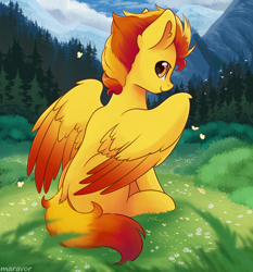 Size: 1400x1500 | Tagged: safe, artist:maravor, oc, oc only, oc:dexstar, butterfly, pegasus, pony, colored wings, flower, forest, gradient wings, male, mountain, nature, not spitfire, outdoors, partially open wings, solo, stallion, tree, wings