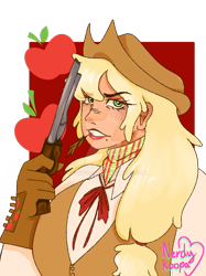 Size: 1280x1707 | Tagged: safe, artist:nerdykoopa, applejack, human, g4, applejack's hat, bandana, clothes, cowboy, cowboy hat, cowgirl, deviantart watermark, female, freckles, gloves, grin, gun, handgun, hat, humanized, lipstick, makeup, obtrusive watermark, revolver, shirt, simple background, smiling, solo, species swap, straw in mouth, transparent background, vest, watermark