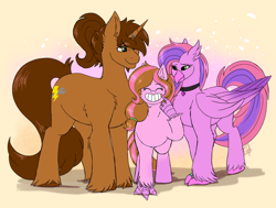 Size: 1280x969 | Tagged: safe, artist:shamy-crist, oc, oc only, oc:cooper, oc:lilac, classical hippogriff, hippogriff, unicorn, female, horn, male, stallion, trio, unshorn fetlocks