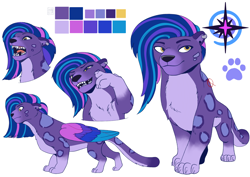 Size: 4132x2919 | Tagged: safe, artist:l211art, allura, aq bars, big cat, leopard, snow leopard, series:mym ref set, g5, my little pony: make your mark, colored wings, cutie mark, ear piercing, earring, female, jewelry, multicolored wings, piercing, reference sheet, simple background, smiling, white background, wings