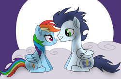 Size: 2139x1395 | Tagged: safe, artist:pinky cloudy, rainbow dash, soarin', pegasus, pony, g4, cloud, duo, duo male and female, female, looking at each other, looking at someone, male, mare, moon, on a cloud, ship:soarindash, shipping, sitting, sitting on a cloud, stallion, straight, wings