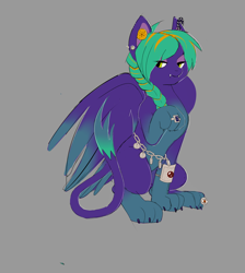 Size: 1794x2002 | Tagged: safe, artist:villegreen, oc, oc only, oc:coronet pallas, sphinx, braid, braided ponytail, ear piercing, earring, female, gray background, jewelry, piercing, ponytail, ring, simple background, solo, sphinx oc