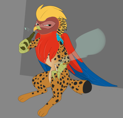 Size: 1500x1442 | Tagged: safe, artist:villegreen, oc, oc only, oc:lorcan o'cairbre, big cat, griffon, lynx, angry, beer bottle, bottle, cigarette, griffon oc, grumpy, male, pheasant, sitting, solo, two toned background