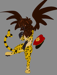 Size: 1605x2109 | Tagged: safe, artist:villegreen, oc, oc only, oc:perrine bellegarde, bird, chicken, griffon, serval, covering, covering crotch, female, flying, glasses, griffon oc, hat, solo, sultry pose