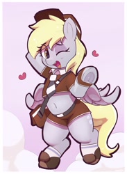 Size: 2374x3251 | Tagged: safe, artist:pabbley, derpy hooves, pegasus, g4, belly, belly button, cap, clothes, female, hat, heart, looking at you, necktie, one eye closed, open mouth, shoes, shorts, smiling, smiling at you, socks, solo