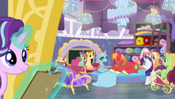 Size: 1366x768 | Tagged: safe, screencap, amber grain, big macintosh, fuchsia frost, golden crust, ocellus, peppe ronnie, peppermint goldylinks, rarity, tune-up, pony, a horse shoe-in, g4, my little pony: friendship is magic, friendship student