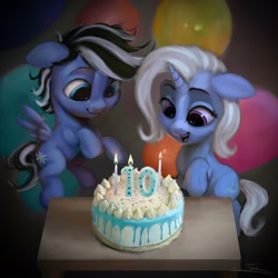 Size: 2048x2048 | Tagged: safe, artist:tuskonline, trixie, oc, pegasus, pony, unicorn, g4, blue coat, blue eyes, blue mane, cake, duo, female, food, horn, mare, multicolored hair, purple eyes, smiling, table