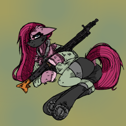 Size: 1280x1280 | Tagged: safe, artist:moodimikky, pinkie pie, earth pony, pony, g4, balloonbutt, boots, butt, chest fluff, clothes, dock, face mask, female, fluffy, gun, holding, long mane, looking at you, mare, mask, necktie, pinkamena diane pie, plot, shoes, solo, stern, sternocleidomastoid, tail, underhoof, unshorn fetlocks, weapon