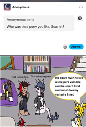 Size: 1063x1574 | Tagged: safe, artist:ask-luciavampire, oc, pegasus, pony, undead, unicorn, vampire, vampony, ask, horn, in love, indoors, tumblr