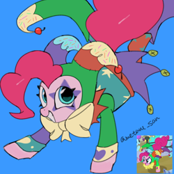 Size: 4096x4096 | Tagged: safe, artist:metaruscarlet, pinkie pie, earth pony, pony, g4, my little pony: friendship is magic, season 3, the crystal empire, blue background, clothes, grin, hat, jester, jester hat, jester outfit, reference, screencap reference, simple background, smiling, solo