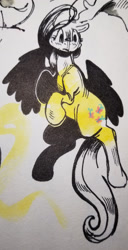 Size: 784x1527 | Tagged: safe, artist:breakersunny, fluttershy, pegasus, pony, g4, female, mare, partial color, solo, tail, traditional art, wings