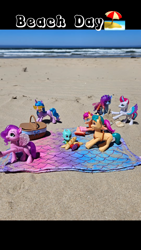 Size: 1080x1920 | Tagged: safe, artist:majesticponycreations, hitch trailblazer, izzy moonbow, misty brightdawn, pipp petals, sparky sparkeroni, sunny starscout, zipp storm, dragon, earth pony, pegasus, pony, unicorn, g5, baby, baby dragon, basket, beach, book, caption, female, figurine, food, horn, irl, male, mane five, mane seven (g5), mane six (g5), mare, ocean, outdoors, photo, picnic, picnic basket, picnic blanket, rebirth misty, sandcastle, stallion, text, toy, water