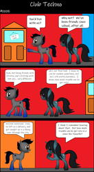 Size: 1920x3516 | Tagged: safe, artist:techno-babble, oc, oc only, oc:azure dusk, oc:techno babble, earth pony, pony, unicorn, comic:club techno, series:technoverse, g4, 3 panel comic, 3d, comic, duo, duo male and female, female, horn, male, mare, slice of life, speech bubble, stallion