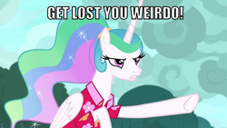 Size: 1920x1080 | Tagged: safe, edit, edited screencap, editor:twi clown, screencap, princess celestia, alicorn, pony, between dark and dawn, g4, my little pony: friendship is magic, caption, clothes, female, hawaiian shirt, hooves, image macro, mare, pointing, shirt, text