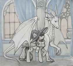 Size: 1280x1158 | Tagged: safe, artist:krista-21, oc, oc only, oc:alalina_rein, oc:draconis taaldis, alicorn, dragon, alicorn oc, baroque, blushing, clothes, column, couple, curtains, dragon oc, hat, horn, looking at each other, looking at someone, marker drawing, non-pony oc, scarf, smiling, statue, striped scarf, traditional art, vase, walking, window, wings, witch hat