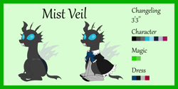 Size: 5000x2500 | Tagged: safe, artist:mizukame, oc, oc only, oc:mist veil, changeling, clothes, colored, explicit source, fangs, female, flat colors, maid, open mouth, open smile, reference sheet, smiling