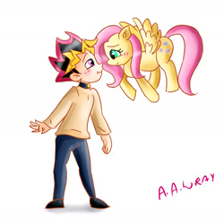 Size: 1417x1417 | Tagged: safe, artist:loveless-nights, fluttershy, human, pegasus, g4, blushing, boop, crossover, crossover shipping, digital art, duo, duo male and female, female, male, noseboop, shipping, signature, simple background, white background, yu-gi-oh!, yugi muto