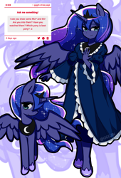 Size: 1698x2503 | Tagged: safe, artist:gggjln, princess luna, alicorn, human, pony, equestria girls, g4, clothes, dress, duality, female, high res, mare, ponied up, smiling, solo, spread wings, wings, zoom layer