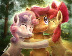 Size: 1300x1000 | Tagged: safe, artist:mystobright sky, apple bloom, scootaloo, sweetie belle, earth pony, pony, unicorn, g4, cutie mark crusaders, eyes closed, female, filly, foal, group hug, horn, hug, one eye closed, outdoors, sitting, smiling, trio