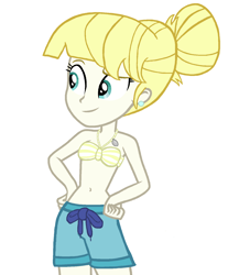 Size: 1436x1652 | Tagged: safe, artist:ocean lover, summer breeze, human, equestria girls, g4, bare shoulders, beautiful, belly, belly button, bikini, bikini top, blonde hair, blue eyes, bra, clothes, ear piercing, earring, equestria girls-ified, friendship student, hair bun, jewelry, looking to the left, midriff, ms paint, piercing, pretty, shorts, simple background, sleeveless, smiling, swimming trunks, swimsuit, teenager, transparent background, underwear, white background