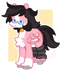 Size: 590x682 | Tagged: safe, artist:natpack, oc, oc only, bat pony, pony, bell, bell choker, bell collar, choker, clothes, collar, cutie mark, glasses, he, lightly watermarked, male, original art, original character do not steal, passepartout, pink, ponysona, self insert, simple, socks, solo, stockings, they, thigh highs, transgender oc, unshorn fetlocks, watermark