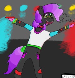 Size: 2880x3000 | Tagged: safe, artist:kilgorio, oc, oc only, oc:lucy violetmane, earth pony, pony, boop, boots, clothes, cute, eyelashes, femboy, glowstick, green eyes, male, party, pony ears, purple hair, purple mane, purple tail, rave, shirt, shoes, smiling, solo, stallion, t-shirt, tail