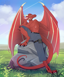 Size: 1335x1600 | Tagged: safe, artist:sunny way, dragon, anthro, abs, anthro dragon, art, art reward, artwork, blue sky, claws, clothes, cloud, digital art, fangs, fit, furry, grass, male, muscles, pants, partial nudity, paws, peaceful, reward, rock, scale, slender, summer, sun, sunny way, thin, topless, western dragon, wings