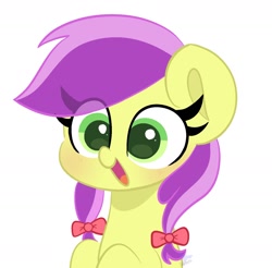 Size: 1408x1386 | Tagged: safe, artist:starbatto, lavender fritter, earth pony, pony, g4, apple family member, big ears, big eyes, blushing, bow, cute, eye clipping through hair, eyelashes visible through hair, female, hair bow, lavenderbetes, mare, open mouth, pigtails, simple background, two toned mane, white background