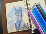 Size: 3008x2194 | Tagged: safe, artist:sierraex, nightmare moon, alicorn, pony, g4, colored pencil drawing, colored pencils, folded wings, helmet, pencil, peytral, smiling, solo, sternocleidomastoid, traditional art, wings