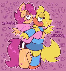 Size: 2840x3064 | Tagged: safe, artist:spritecranbirdie, scootaloo, oc, oc:polly (birdie), oc:scootaloo loves sans, bird, pegasus, anthro, g4, abstract background, animation meme community, canon x oc, clothes, duo, duo female, female, full body, hoodie, lesbian, lidded eyes, shipping, shorts, side view, skirt