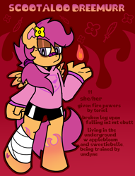 Size: 2256x2956 | Tagged: safe, artist:spritecranbirdie, scootaloo, oc, oc:ponytale scootaloo, pegasus, anthro, g4, abstract background, clothes, female, fire, hoodie, orange coat, purple mane, purple tail, reference sheet, shorts, solo, tail