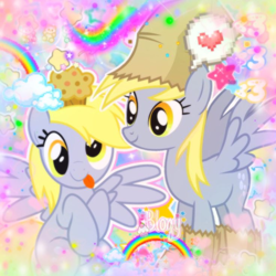 Size: 736x736 | Tagged: source needed, safe, edit, derpy hooves, pegasus, pony, g4, :p, abstract background, bag on head, food, muffin, rainbow, smiling, solo, tongue out