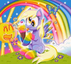 Size: 2607x2358 | Tagged: safe, derpy hooves, butterfly, pegasus, pony, g4, :p, eyes closed, female, flower, food, grass, ice cream, lisa frank, mare, open mouth, open smile, rainbow, sky, smiling, solo, sparkles, sun, tongue out