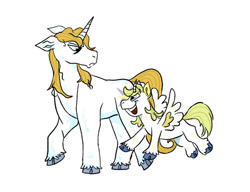 Size: 749x574 | Tagged: safe, artist:tweedlemelon, leon, prince blueblood, alicorn, pony, unicorn, g4, brothers, colt, duo, excited, foal, headcanon, horn, male, prince blueblood is not amused, raised hoof, siblings, simple background, stallion, unamused, white background