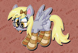 Size: 2828x1944 | Tagged: safe, artist:spritecranbirdie, derpy hooves, pegasus, pony, g4, :p, abstract background, clothes, female, full body, glasses, mare, outline, socks, solo, spread wings, tongue out, white outline, wings