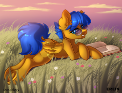 Size: 2600x2000 | Tagged: safe, alternate character, alternate version, artist:erein, artist:yuris, oc, oc only, oc:crushing victory, pony, book, butt, chest fluff, cloud, collaboration, commission, field, flower, frog (hoof), grass, looking at you, looking back, looking back at you, lying down, male, multi ych "on the beach/field", nudity, plot, sky, smiling, smiling at you, solo, tail, underhoof, ych result