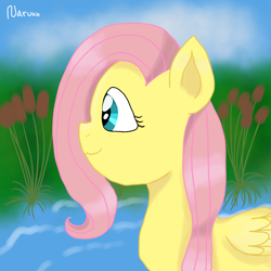 Size: 2224x2224 | Tagged: safe, artist:wrath-marionphauna, fluttershy, pegasus, pony, g4, :3, cloud, pond, reeds, solo, water