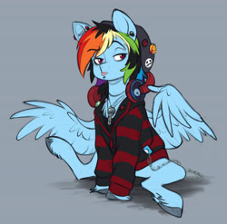 Size: 5600x5533 | Tagged: safe, artist:chub-wub, rainbow dash, pegasus, pony, g4, absurd resolution, clothes, emo, female, headphones, mare, sitting, solo, spread wings, unshorn fetlocks, wings