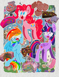 Size: 1284x1667 | Tagged: safe, artist:piaojun55154, pinkie pie, rainbow dash, twilight sparkle, alicorn, earth pony, pegasus, pony, g4, :d, bowl, cake, candy, cereal, cookie, food, heart, hello kitty, muffin, noise, open mouth, open smile, outline, passepartout, sanrio, sitting, smiling, spread wings, text, twilight sparkle (alicorn), white outline, wings