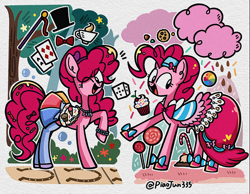 Size: 1680x1303 | Tagged: safe, artist:piaojun55154, pinkie pie, earth pony, pony, g4, :d, ;d, ball, candy, candy cane, candy in hair, chocolate, chocolate rain, clothes, cloud, cookie, cup, cupcake, dice, dress, female, food, full body, hat, ice cream, lollipop, mare, multiple views, noise, one eye closed, open mouth, open smile, outline, rain, road, signature, simple background, smiling, solo, top hat, tree, white background, white outline, wink