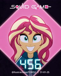 Size: 2362x2956 | Tagged: safe, artist:arturo_t1912, artist:ilustracionestoro2, sunset shimmer, human, equestria girls, g4, advertisement, camera shot, cyan eyes, grin, happy, looking up, mugshot, show accurate, smiling, squid game, two toned hair