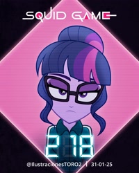 Size: 2362x2956 | Tagged: safe, artist:arturo_t1912, artist:ilustracionestoro2, sci-twi, twilight sparkle, human, equestria girls, g4, camera shot, glasses, grumpy, looking at you, looking up, mugshot, show accurate, squid game, twilight sparkle is not amused, unamused